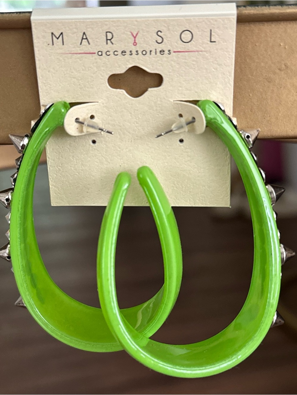 Mar Y Sol Accessories Lime Green Lucite Hoop Earrings Silver Punk Spikes NWOT